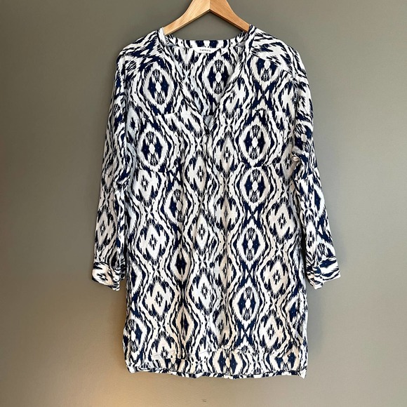 Athleta Printed Kaftan Shirt Dress Tunic Navy Blue White Ikat Medium Cover Up - Picture 16 of 16